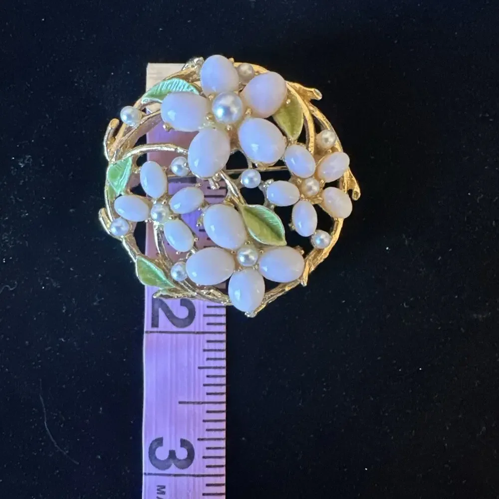 Vtg ART brooch‎ faux pearl pink flower green enamel Arthur Pepper 1960s EUC